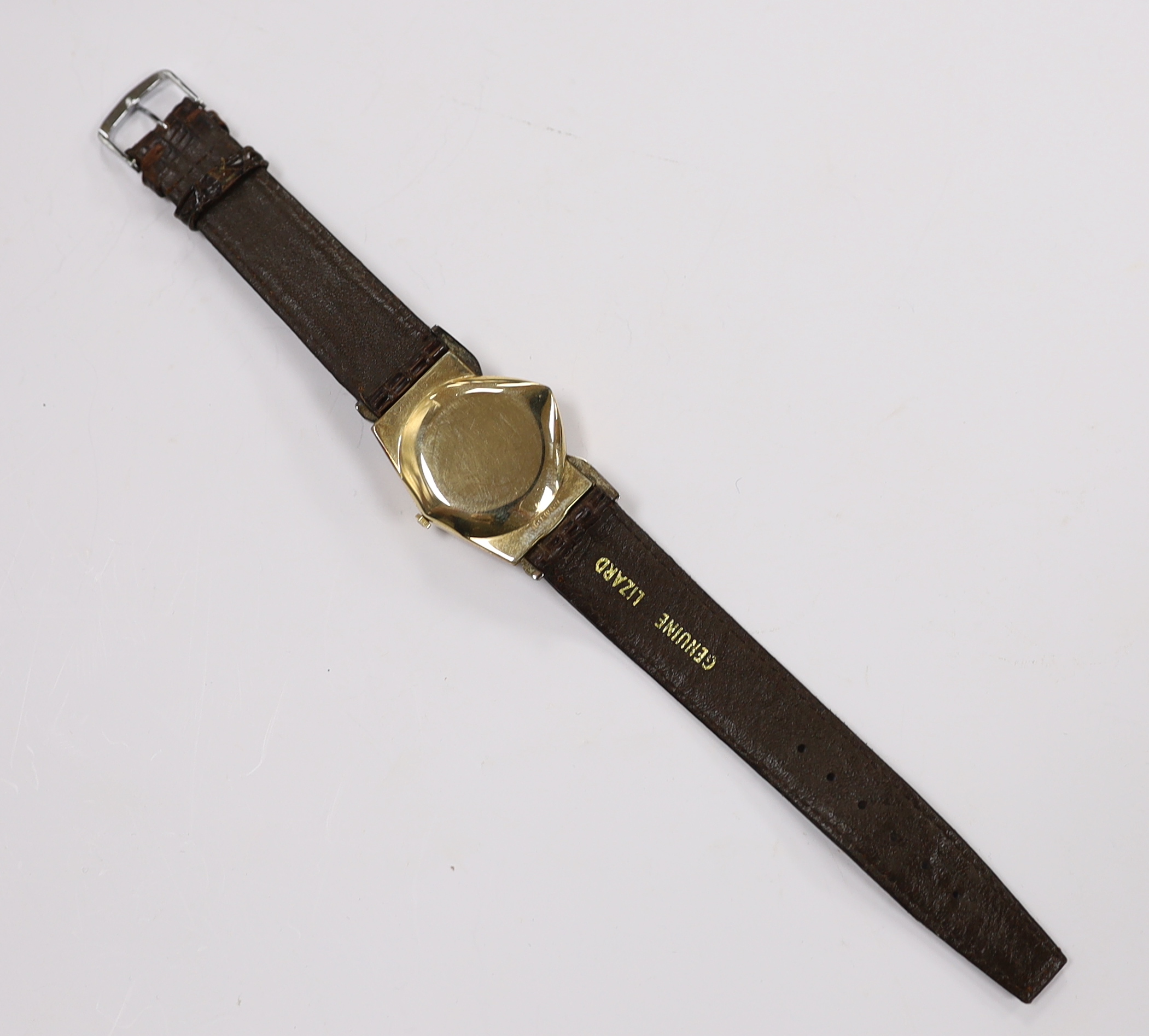 A gentleman's 10k gold filled Hamilton Electronic wrist watch, on a later lizard strap, with Hamilton box.